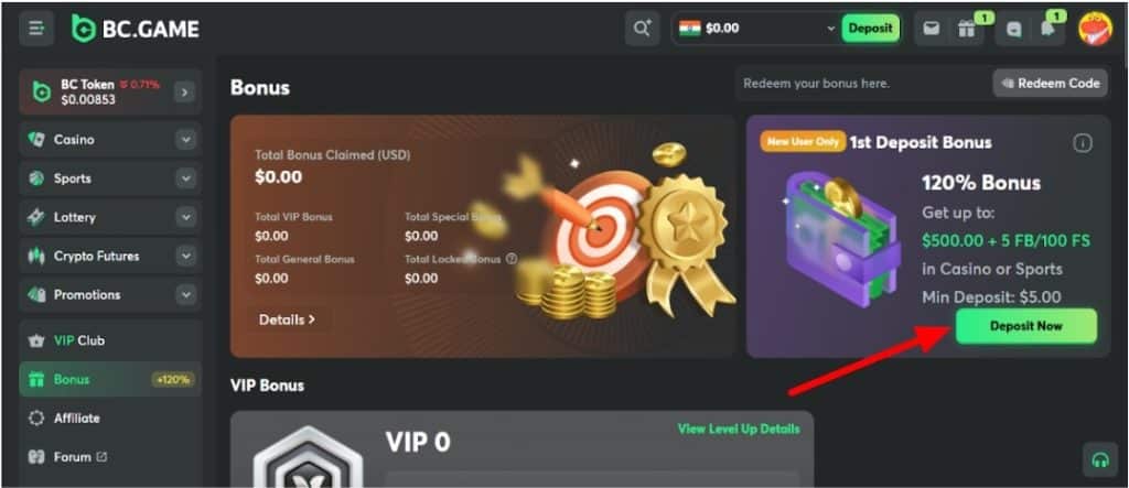 BC Games Deposite  option