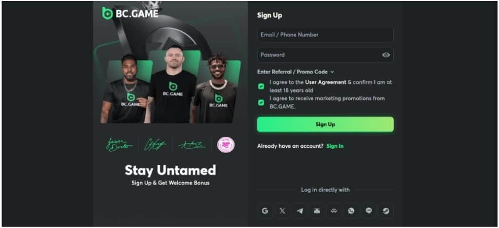 BC games Sign up  page